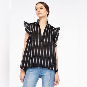 Sandro Paris Striped Linen Ruffled Top. Size M